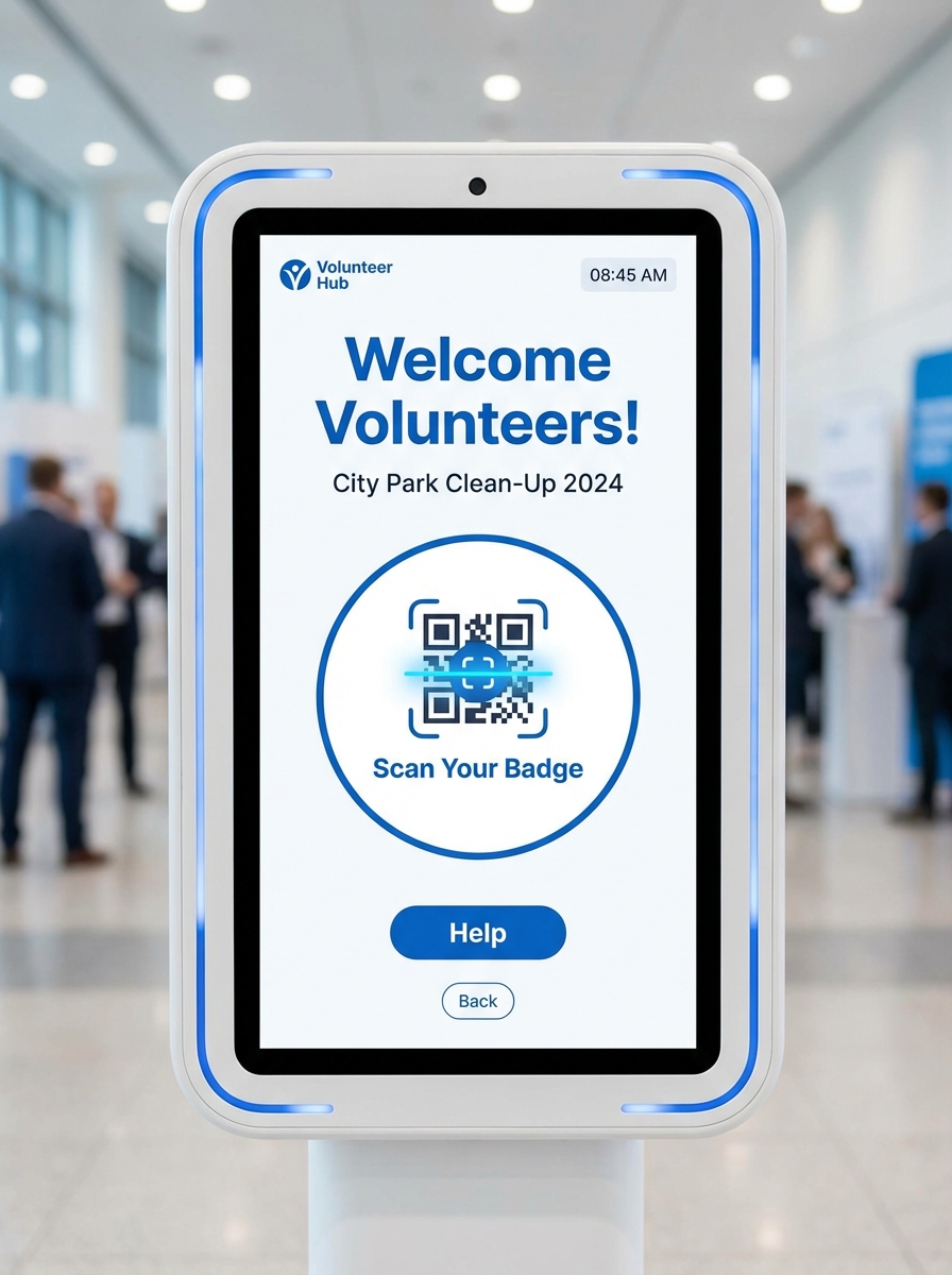 Self-service volunteer check-in kiosk interface showing QR code scanner and welcome screen